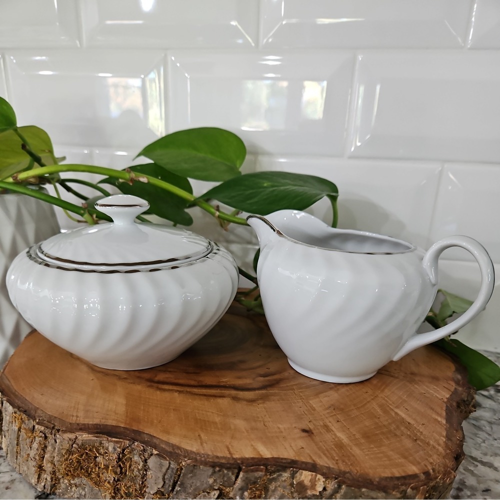 Norleans China Estate Japan Sugar Bowl W/Lid & Creamer White Swirl Platinum Trim